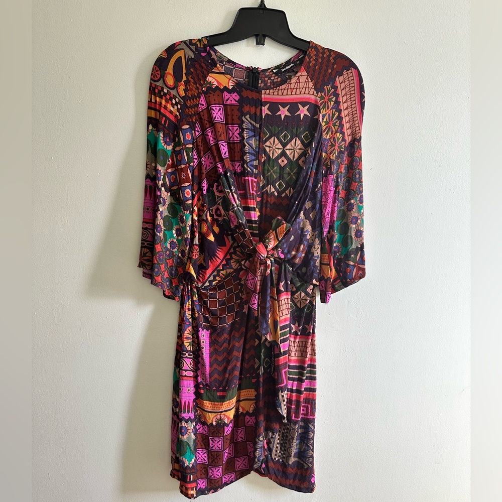 Desigual Multicolor Patterned Tie-Waist Dress - Purple, Pink, Orange, Green